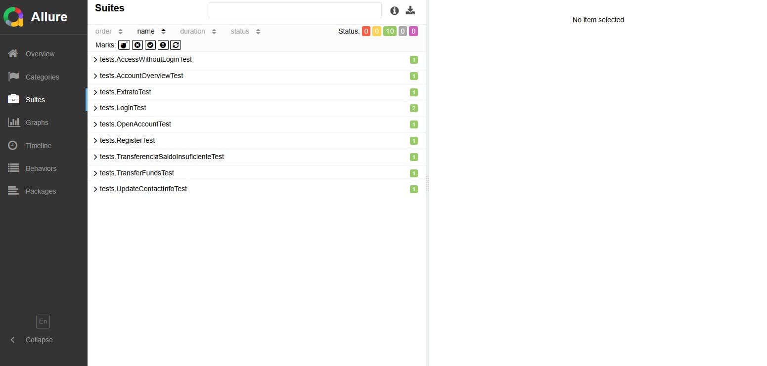 Detalhamento das suítes automatizadas do projeto ParaBank no Allure Report